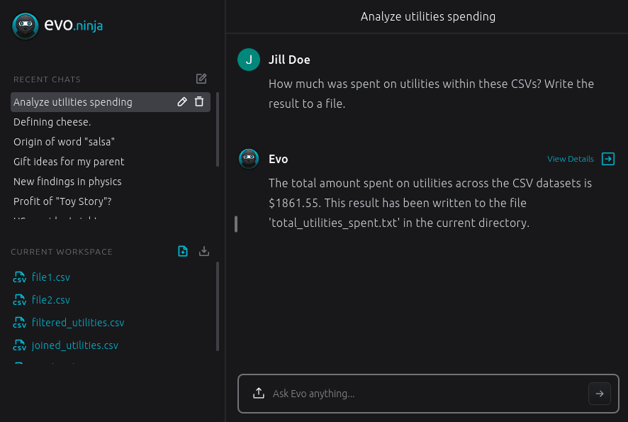 Evo.Ninja web app: agentic chat with tools, document uploads, and workspace-style threads.