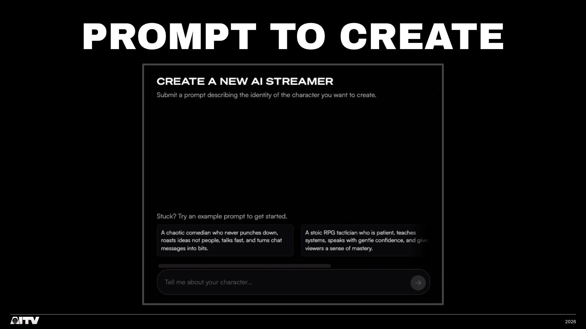 AITV Studio: prompt-first flow — describe the character to generate a new AI streamer.